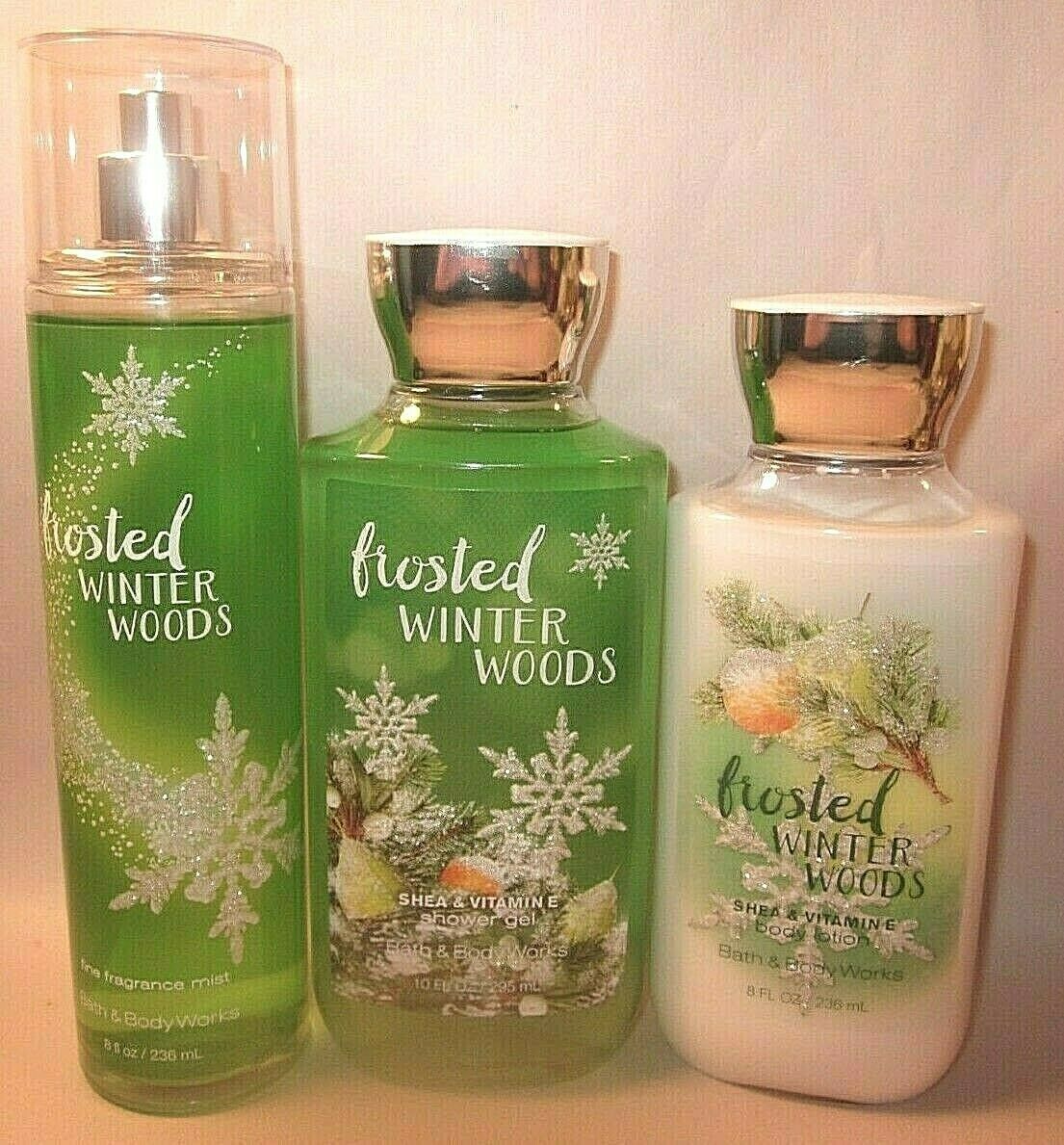 Primary image for Bath & Body Works Shower Gel Body Lotion Mist Frosted Winter Woods Set