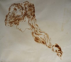 Antique GIBSON GIRL Wood Burned Velour Velvet Fabric Art Pyrography Painting - £47.84 GBP