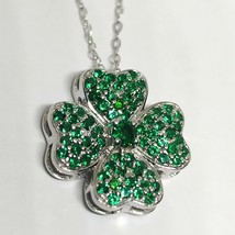 Round Cut Simulated Green Emerald Shamrock Pendant 18&quot; in 14K White Gold Plated - $65.44