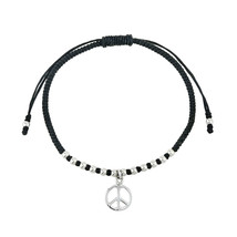 Iconic Hippie Peace Sign Cotton Rope Macrame Sterling Silver Adjustable Bracelet - £14.20 GBP