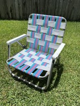 Vintage Webbed Aluminum Folding Beach Lawn Patio Chair Blue Green White - £23.15 GBP