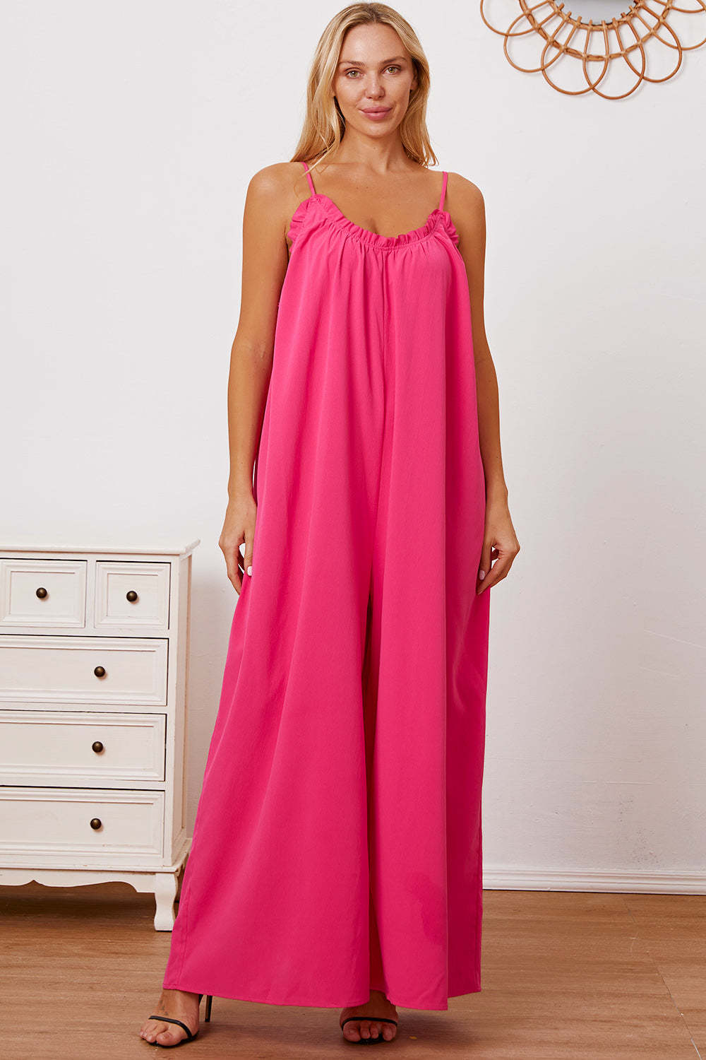 Double Take Full Size Ruffle Trim Tie Back Cami Jumpsuit with Pockets - $19.80