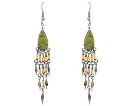 Teardrop Gemstone Cabochon Long Wooden Bamboo Metal Dangle Earrings - Womens Fas - £11.60 GBP