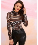 Women’s Abstract Swirl Print Mesh Bodysuit Top | Long Sleeve Slim Fit Party Wear - $9.00