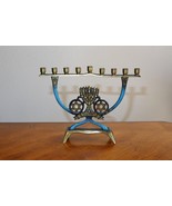Vintage Brass Blue Hanukah Lamp Menorah CHANUKKAH Israel Made 9 Candle H... - $95.00