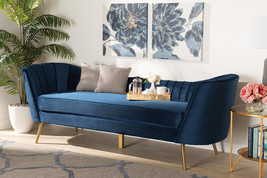 Mirna Navy Blue Velvet Fabric Upholstered and Gold Finished Sofa - $11,213.30 MXN