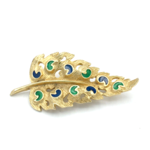 FLORENZA vintage pierced leaf brooch - big 2.75&quot; gold-tone blue green enamel pin - £22.73 GBP