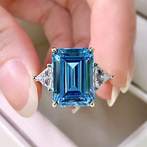 Emerald Cut Aquamarine Ring 100% Real 925 sterling silver Party Wedding band Rin - £70.38 GBP
