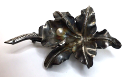 Vintage Sterling Silver Flower &amp; Leaf Pin Brooch C Clasp Unsigned Tested - £18.53 GBP