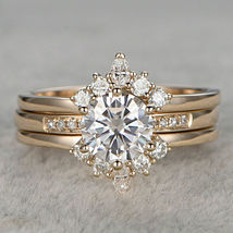 14k Rose Gold Over 2.10Ct Round Cut Diamond Wedding Trio Ring Set For Women&#39;s - £81.98 GBP