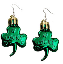 Funky Green Metallic Shamock Clover Earrings Irish Lucky Charms Novelty Jewelry - £5.35 GBP