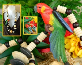 Vintage Wood Beads Parrot Macaw Bird Necklace Earrings Set Tropical  - £22.47 GBP