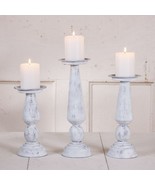 Pedestal Pillar Candle Holder Set in Rustic White Wash metal - $108.65 CAD