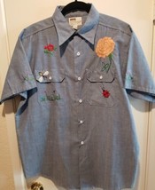 Vintage 1970s Montgomery Ward Chambray Hand Embroidered Flowers Shirt SSleeve L? - £46.52 GBP