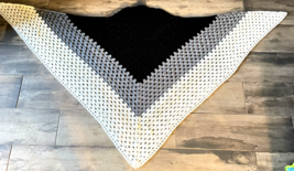 Vintage Handmade Crocheted Knitted Womens Triangle Shaw Black White Gray 68x38&quot; - £15.28 GBP