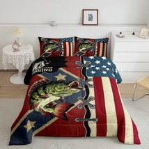 American Flag Comforter Set Queen For Boy Teens Bass Fishing Bedding Vintage Usa - £80.82 GBP