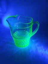 Large Green Uranium Vaseline Glass 2 Qt Water Pitcher Cube Cubist Glows - $39.55