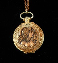 Exotic Mucha Nouveau goddess pocketwatch scent locket on jeweled slide c... - $135.00