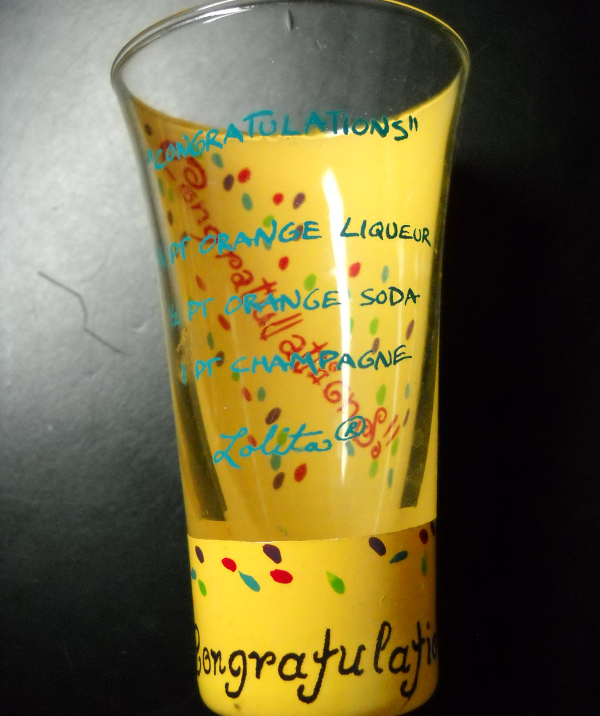 Lolita Shot Glass Tall Flared Yellow Clear Background Congratulations Message - $7.99