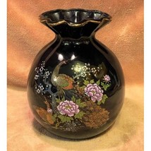 Vintage Japanese Midnight Black Ruffled Top Vase w/ Gold Peacock &amp; Floral Design - £45.94 GBP