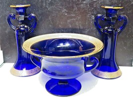3 Pc TIFFIN 15179 Royal Cobalt Blue Gold Gilt CONSOLE SET Pedestal Bowl ... - £93.41 GBP