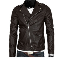 Chocolate Brown Men Biker Leather Jacket Brando Shoulder Epaulets Belted... - $2,546.82 MXN