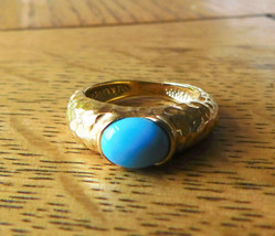 Sterling Silver Hammered Gold Tone Ring Size 6 with Blue Stone # 21038 - £15.78 GBP