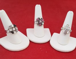 Rings 3 expandable cluster cocktail Crystal rhinestone black white pink - £10.27 GBP