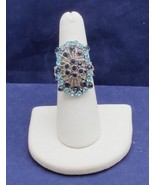 Ring Chrystal Aquamarine rhinestone expandable Rectangular cluster silve... - £6.71 GBP