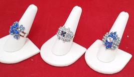 rings expandable 3 Crystal rhinestone silver alloy multi blue stock stuffer - £11.21 GBP
