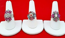rings 3 expendable cluster cocktail rhinestone Fuchsia chrystal turquoise pink - £11.19 GBP