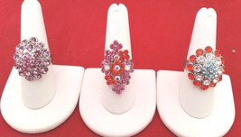 Chrystal rhinestones  3 expendable Rings adjustable silver siam fuchsia lilac - £11.21 GBP