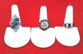 Rings 3 adjustable cluster cocktail Chrystal rhinestone sapphire, navy, sea blue - £11.23 GBP