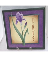 Purple Iris wall decorative ceramic tile 10 3/8” framed in green metal f... - £6.85 GBP