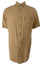 Woolrich Mens Button Front Seersucker Camp Shirt Blue Orange Yellow Plaid L - £19.73 GBP