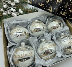 Set of 6 silver Christmas glass balls, hand painted ornaments with box - $71.25