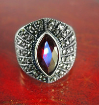 Garnet &amp; Sterling Vintage Ring Deco Silver WIDE Marcasite January Decora... - $125.00