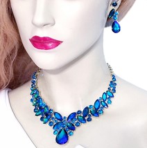 Rhinestone Necklace Earrings, Blue Crystal Jewelry, Pageant Bridal Prom Choker - £40.75 GBP