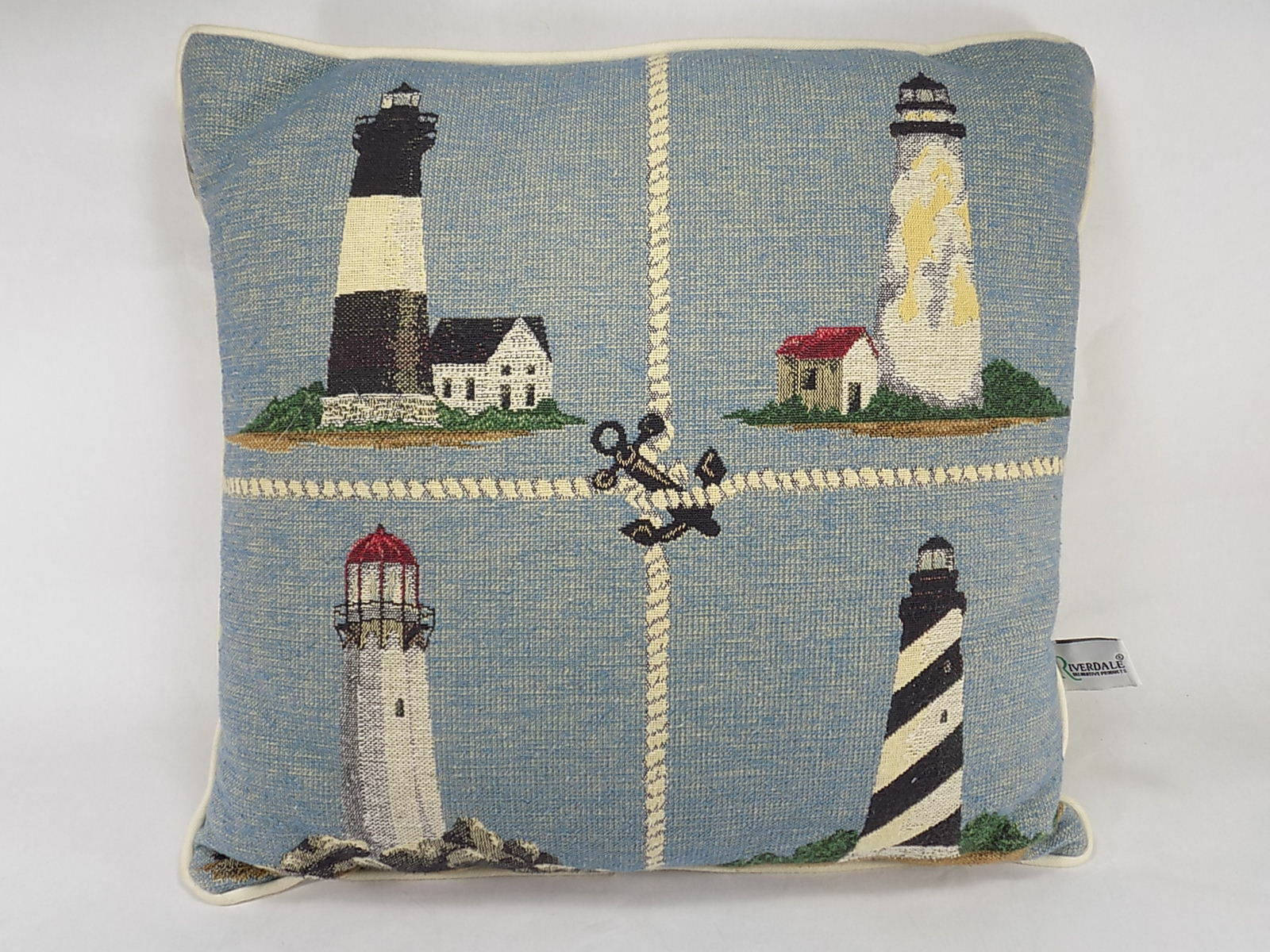 Riverdale  NAUTICAL THEMED THROW PILLOW LIGHTHOUSE Rope & Anchor 16" X 16"  - £12.15 GBP
