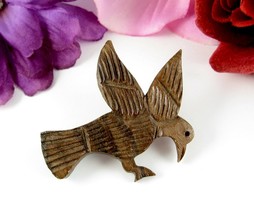 Wood Flying Bird Dove Pin Vintage Hand Carved Brooch Wooden Handcrafted Flight - £13.44 GBP