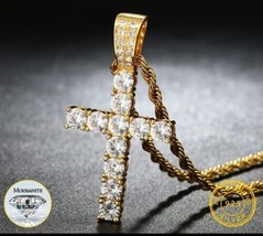 .925 Sterling Silver Gold Plated VVSI Moissanite Cross Pendant w/ Rope N... - $157.36+