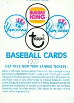 1977 Topps Yankees Burger King Checklist VG - £0.78 GBP