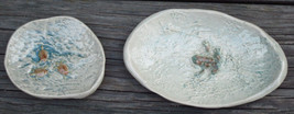 Sea Turtles and Frog Swimming in Pond Pottery Dish Lot of 2 Handmade Amphibious - $28.49