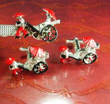 Silver Japan Vintage Cufflinks RICKSHAW Tie clip Man Wagon HUGE set Red enamel D - £114.02 GBP