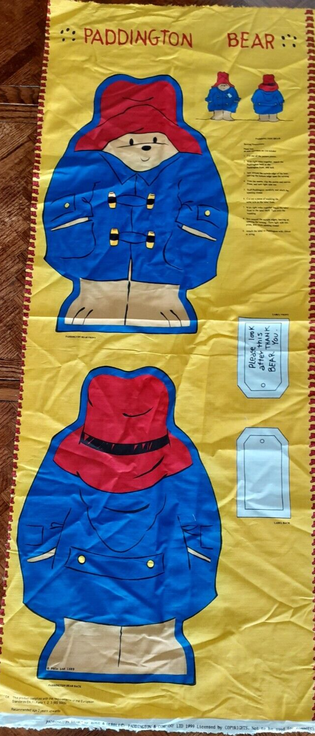 Paddington Bear Fabric Cut Sew Panel Applique 1999 Stuffed Doll Rose & Hubble