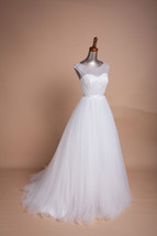 Romantic Sheer Boat Neck Sleeveless Beaded Tulle A-line Wedding Dress - $245.00