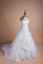 Rosyfancy Ruched Bodice Drop Waist Applique Flower Tiered Ruffle Wedding Dress - £253.01 GBP