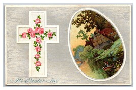 Easter Joy Foiled Cross Egg Roses Cabin Scene Embossed UNP  DB Postcard R26 - $2.92