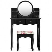 Makeup Vanity Table Set Girls Dressing Table with Drawers Oval Mirror-Black - C - £183.37 GBP