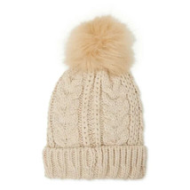 Time And Tru Women&#39;s Solid Cable Knit Beanie Hat W Pom Pom Oatmeal Heather New - £13.22 GBP